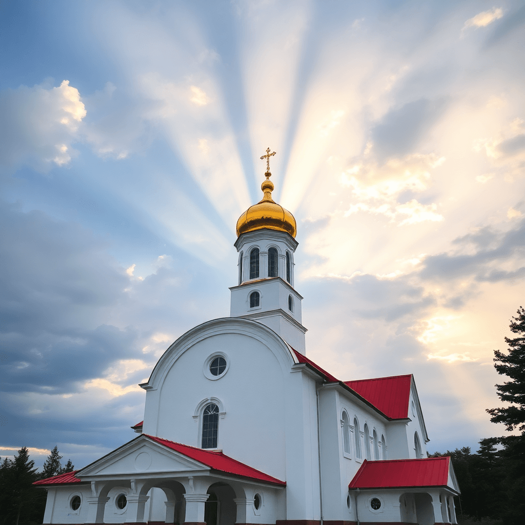 An orthodox church with a white facade, red roof, and a gleaming golden dome, set against a dramatic sky with soft sun rays piercing through the clouds, creating a serene and divine atmosphere. Majestic architectural photography.